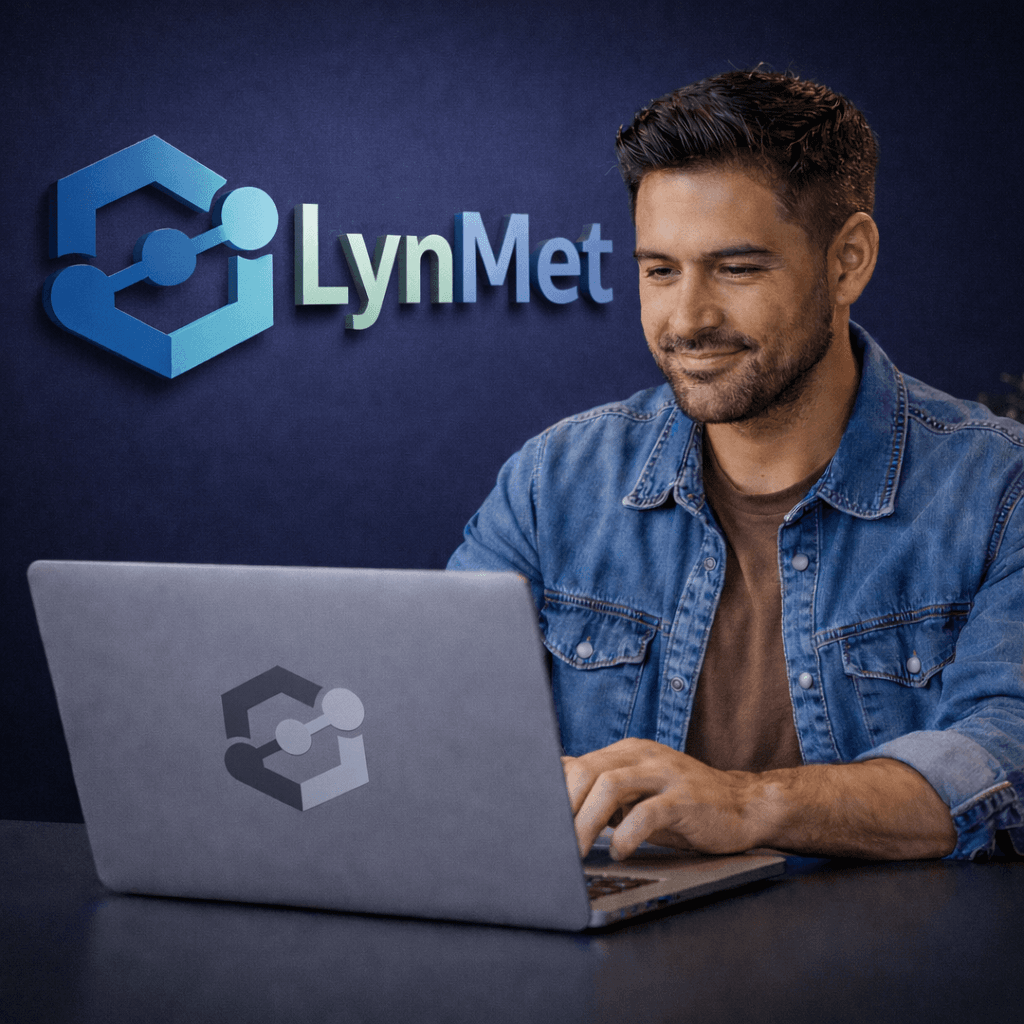 Emprendedor trabajando feliz con LynMet en su laptop